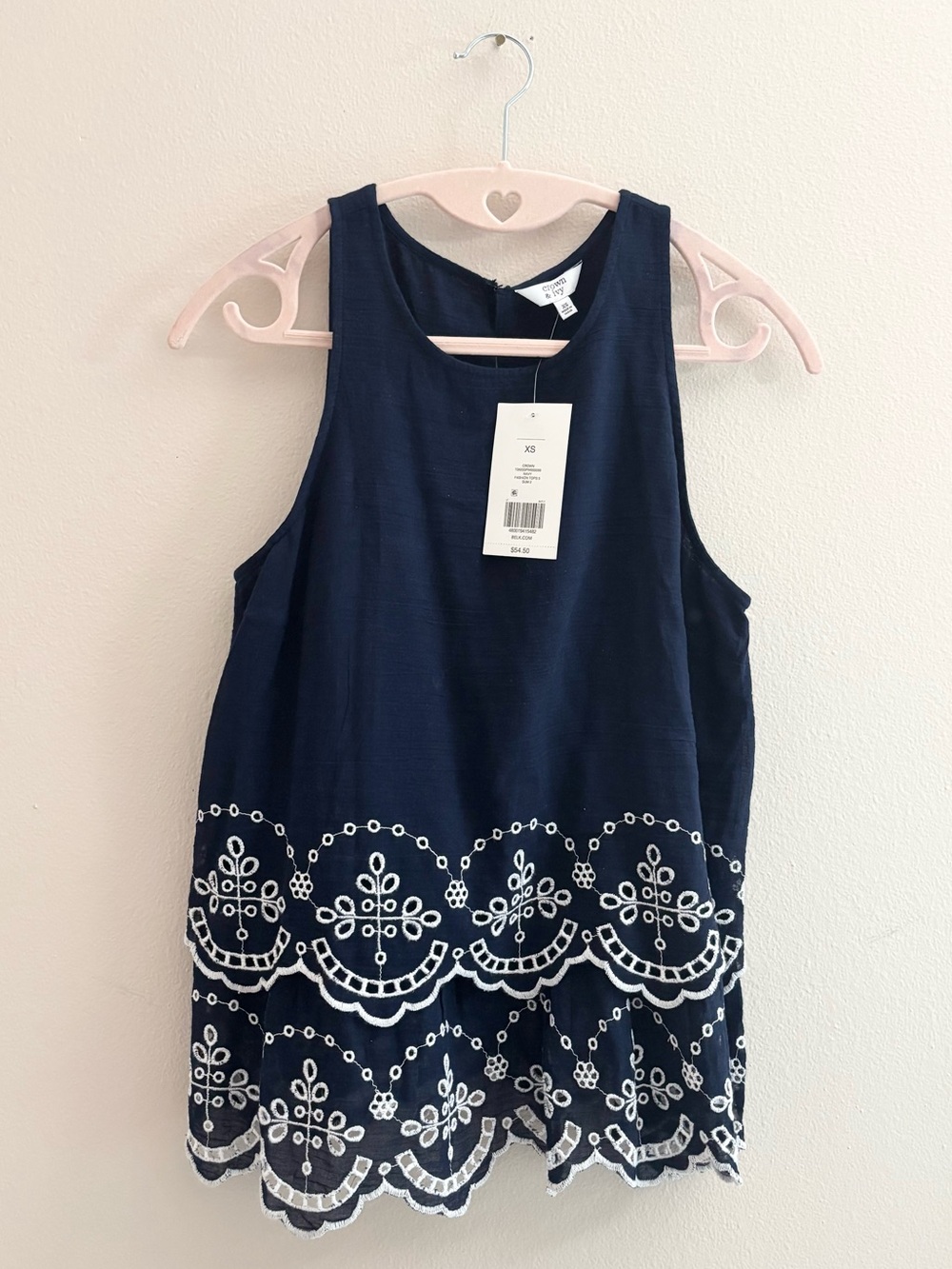 NWT Crown & Ivy Navy Tank Top with White Eyelet Embroidery Tank Top